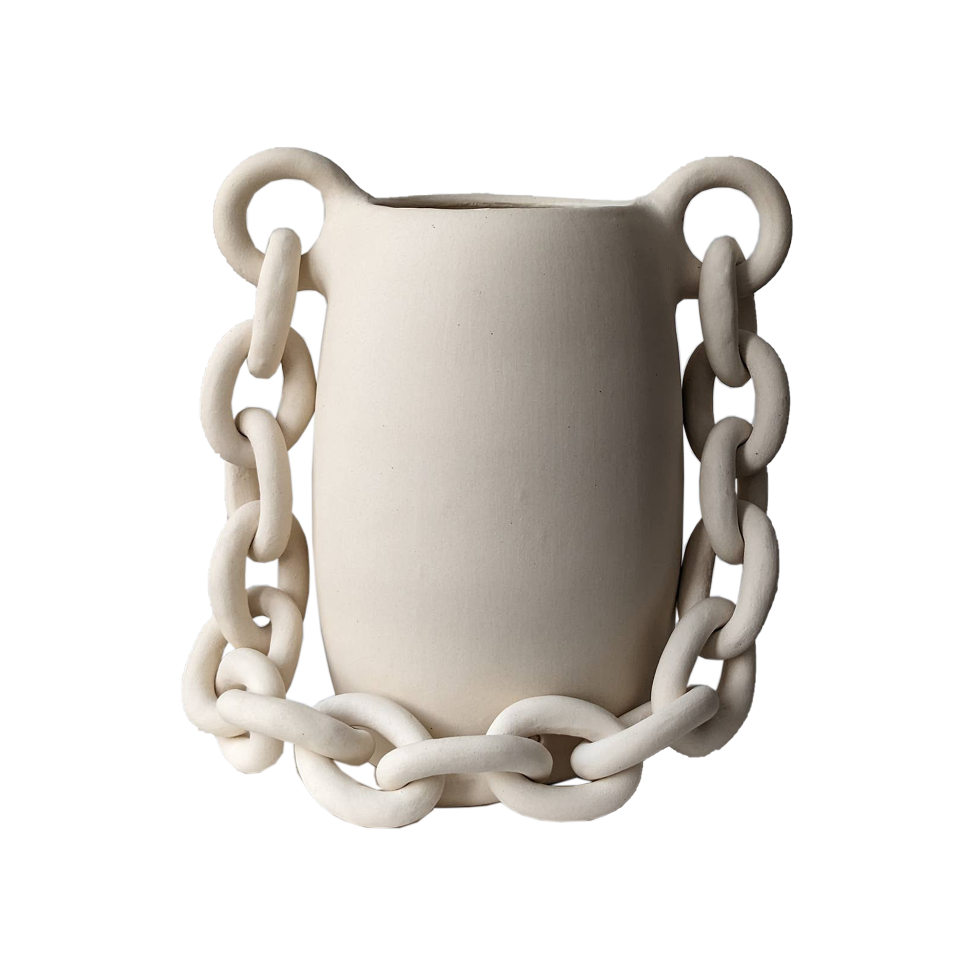 White ceramic vase with chain-like handles on a white background
