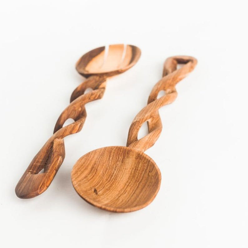 Hand-Carved Olive Wood Salad Servers (Set of 2) – Artisan Wooden Serving Utensils | Natural Kitchen & Tableware