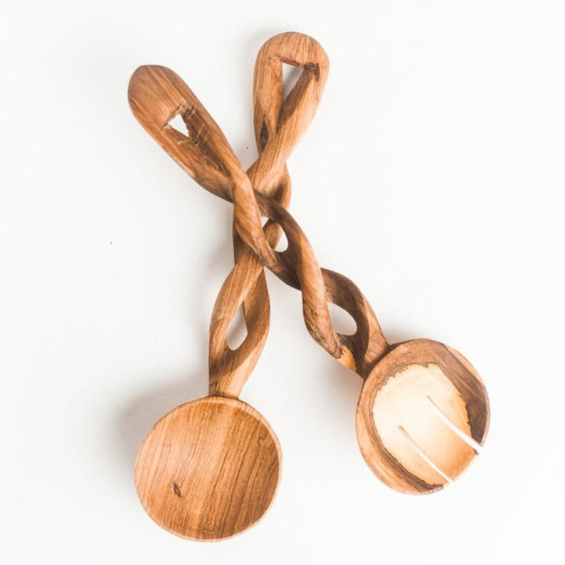 Hand-Carved Olive Wood Salad Servers (Set of 2) – Artisan Wooden Serving Utensils | Natural Kitchen & Tableware