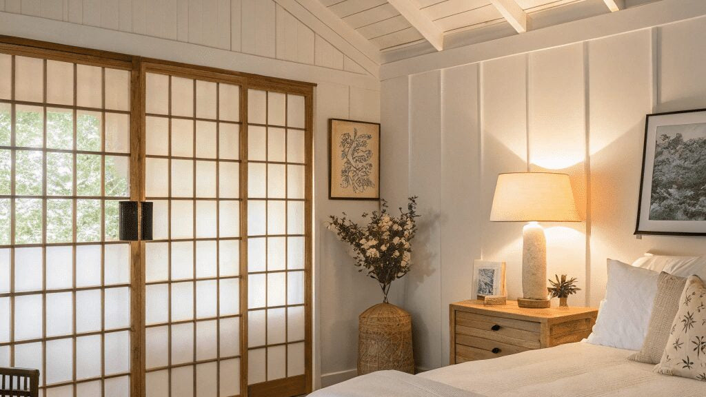 A bright, modern bedroom with a large bed dressed in white bedding, a wooden nightstand with a lit lamp, shoji-style sliding doors, and a white paneled ceiling with exposed beams.
