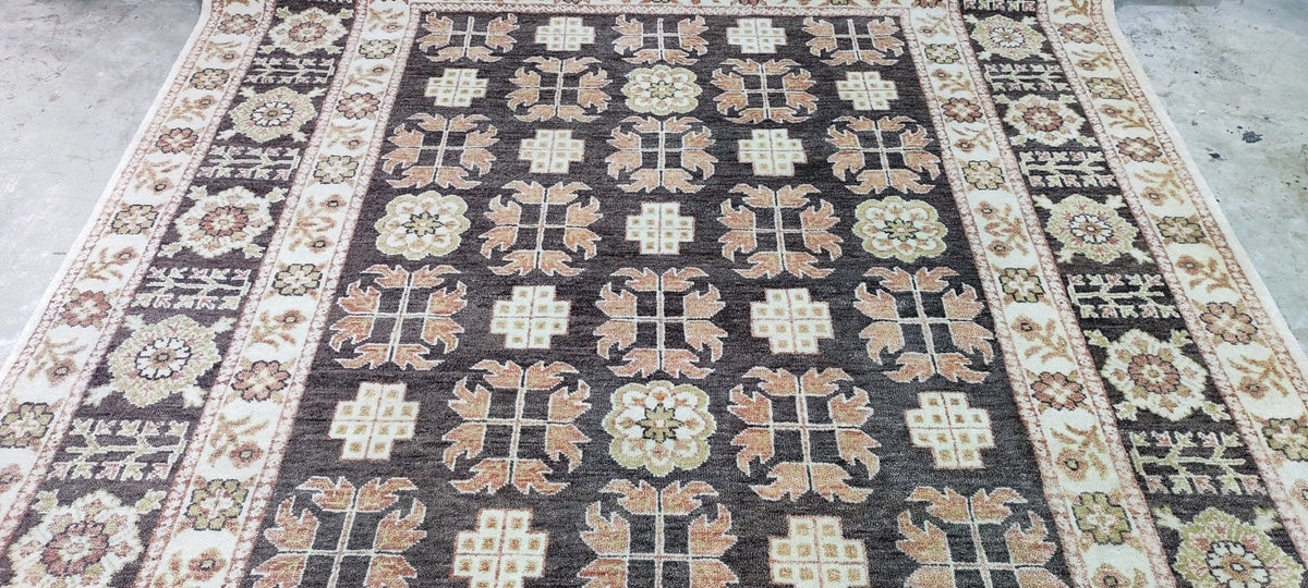 Enza Brown & Beige Hand-Knotted Oushak Rug - 6.9 x 7.9