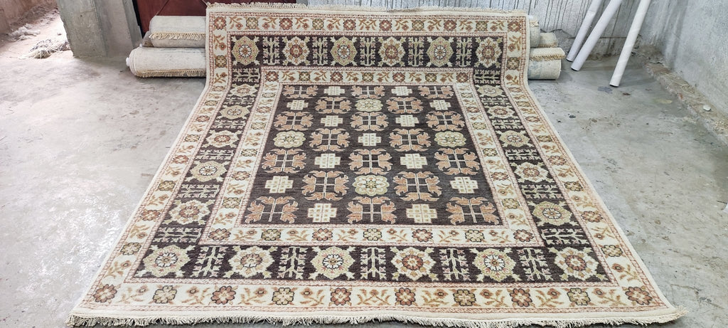 Enza Brown & Beige Hand-Knotted Oushak Rug - 6.9 x 7.9