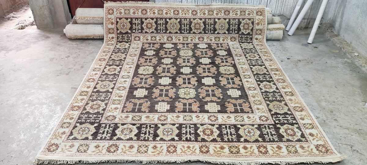 Enza Brown & Beige Hand-Knotted Oushak Rug - 6.9 x 7.9