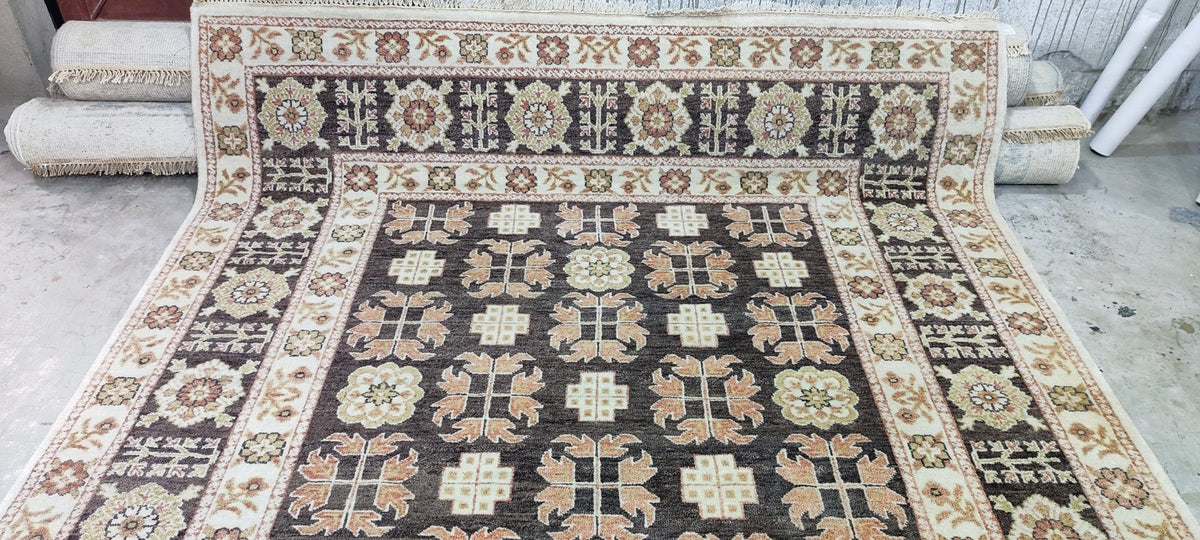 Enza Brown & Beige Hand-Knotted Oushak Rug - 6.9 x 7.9