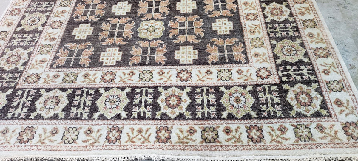 Enza Brown & Beige Hand-Knotted Oushak Rug - 6.9 x 7.9