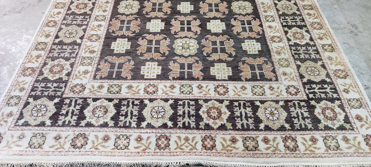Enza Brown & Beige Hand-Knotted Oushak Rug - 6.9 x 7.9
