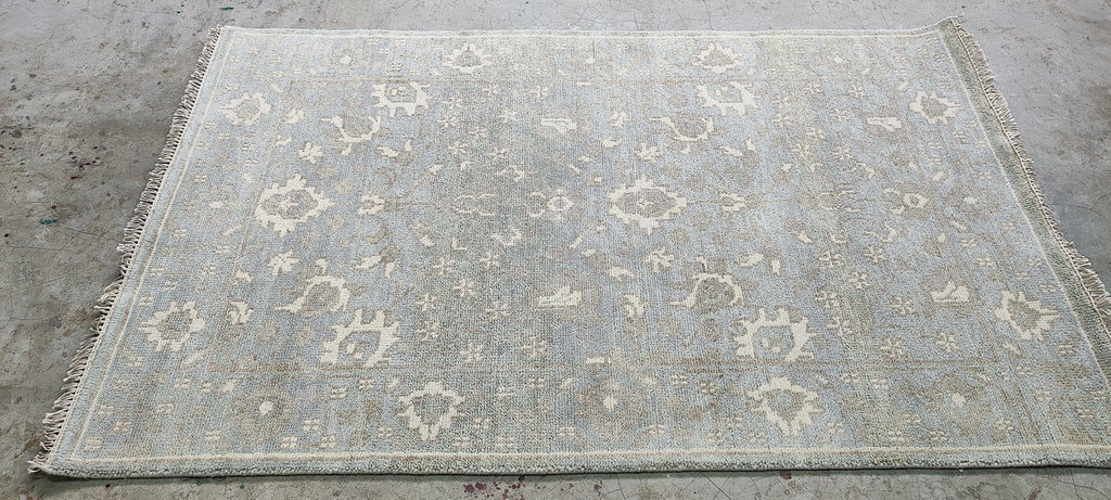 Lauren Geremia 4x6.3 Blue and Tan Hand-Knotted Oushak Rug