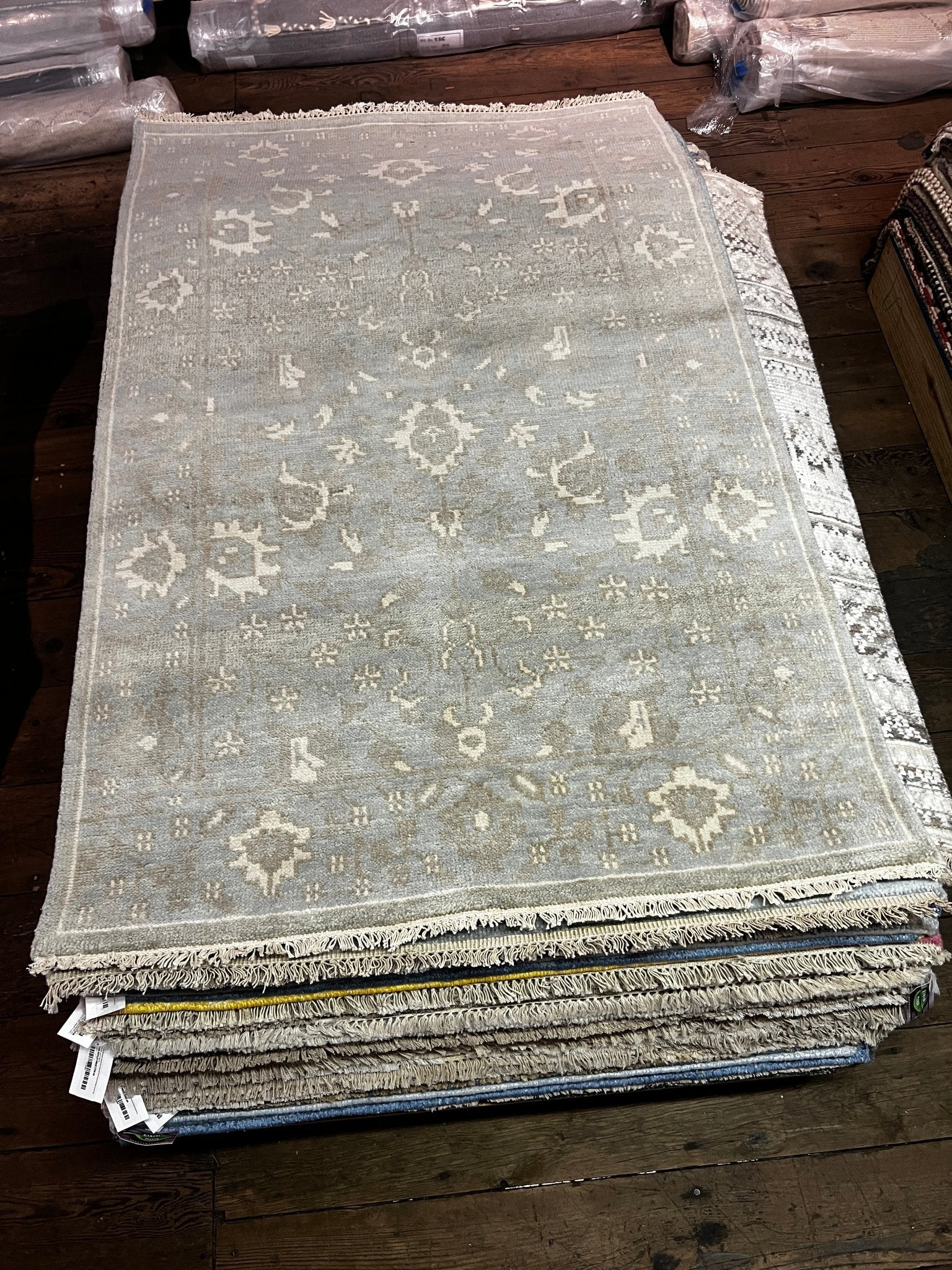 Lauren Geremia 4x6.3 Blue and Tan Hand-Knotted Oushak Rug
