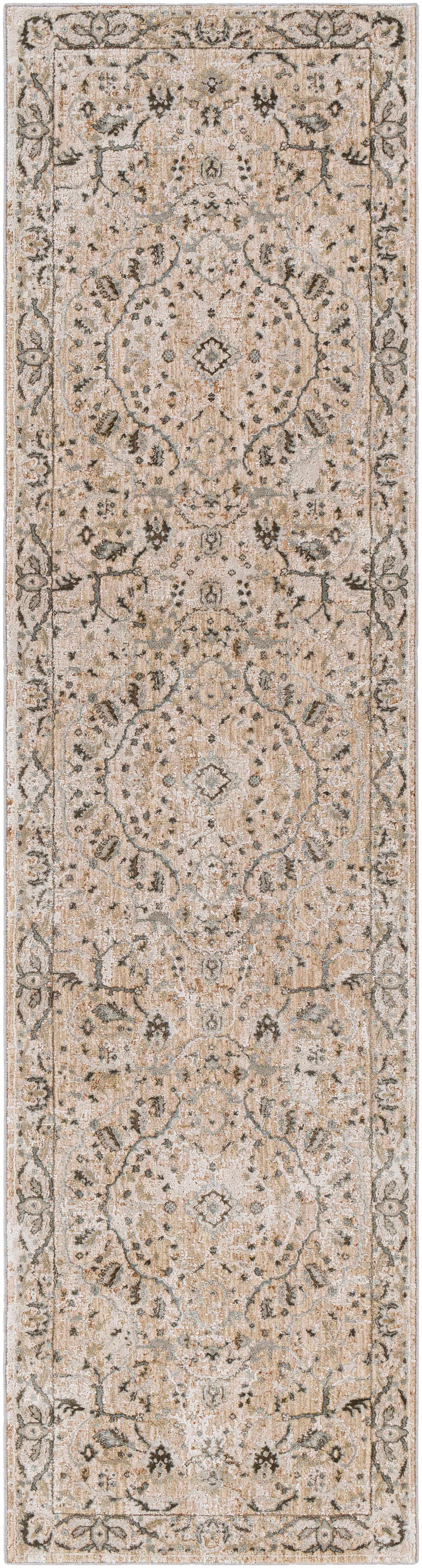 Long narrow beige rug with intricate pattern