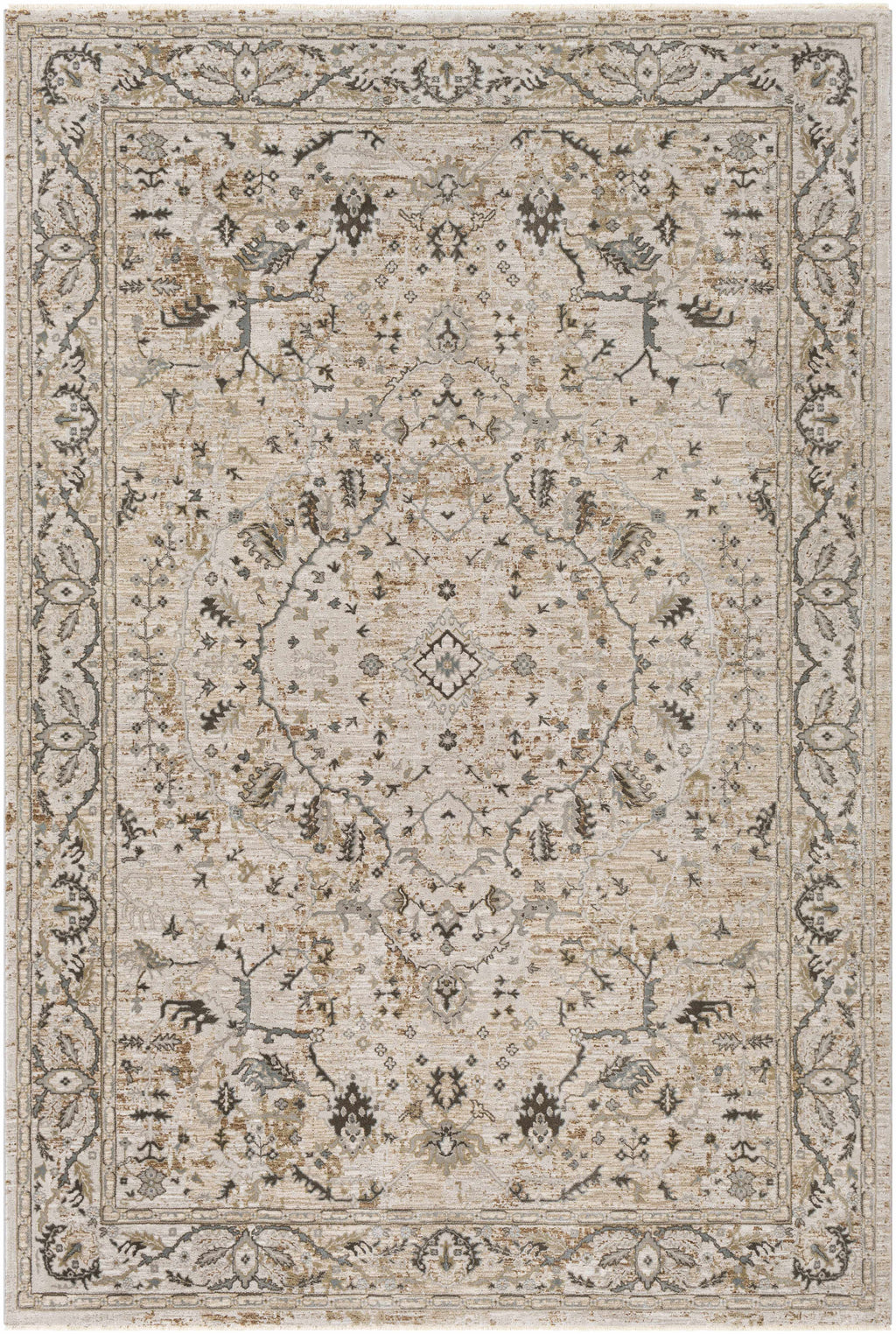 Decorative rug with intricate patterns in beige and brown tones