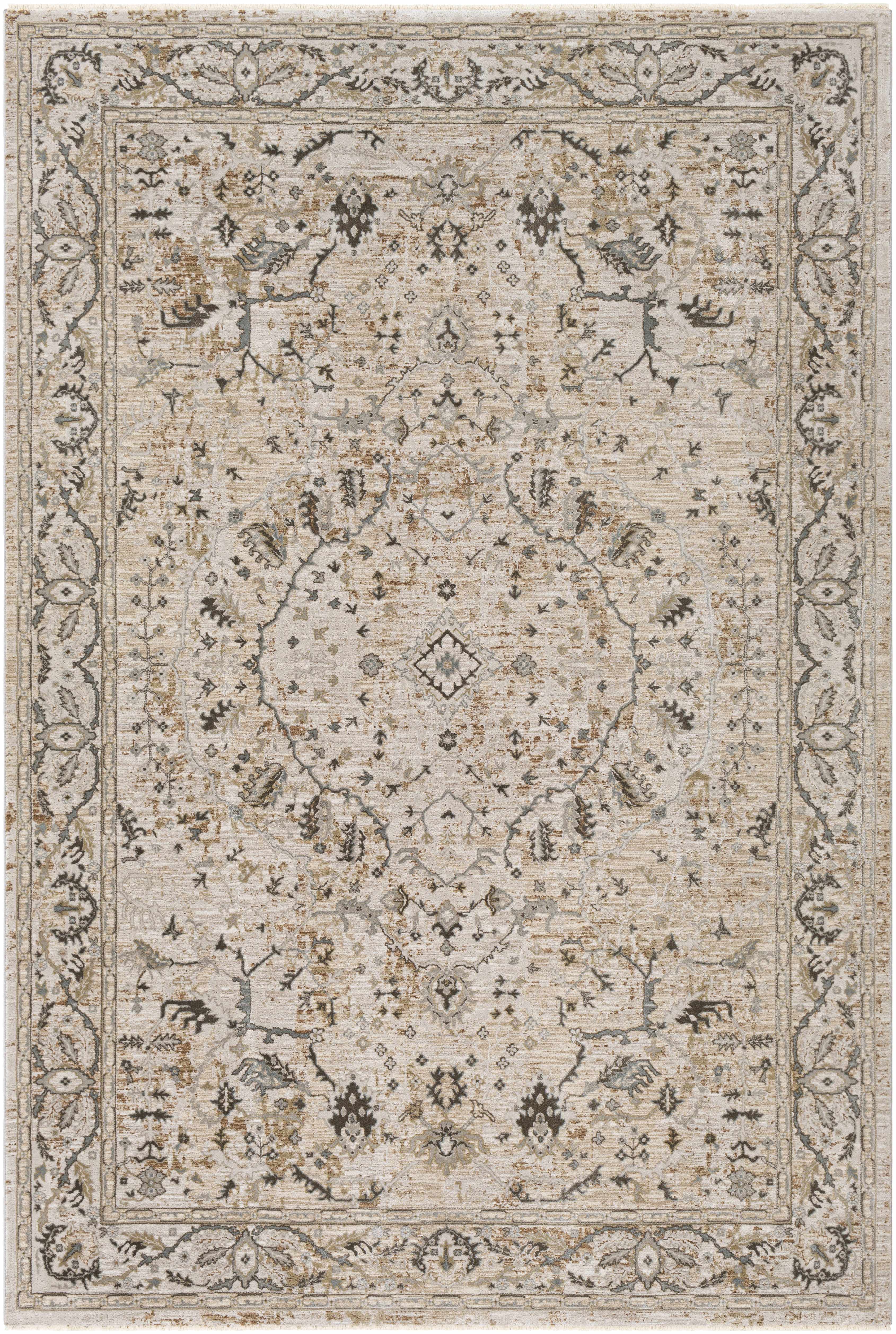 Decorative rug with intricate patterns in beige and brown tones