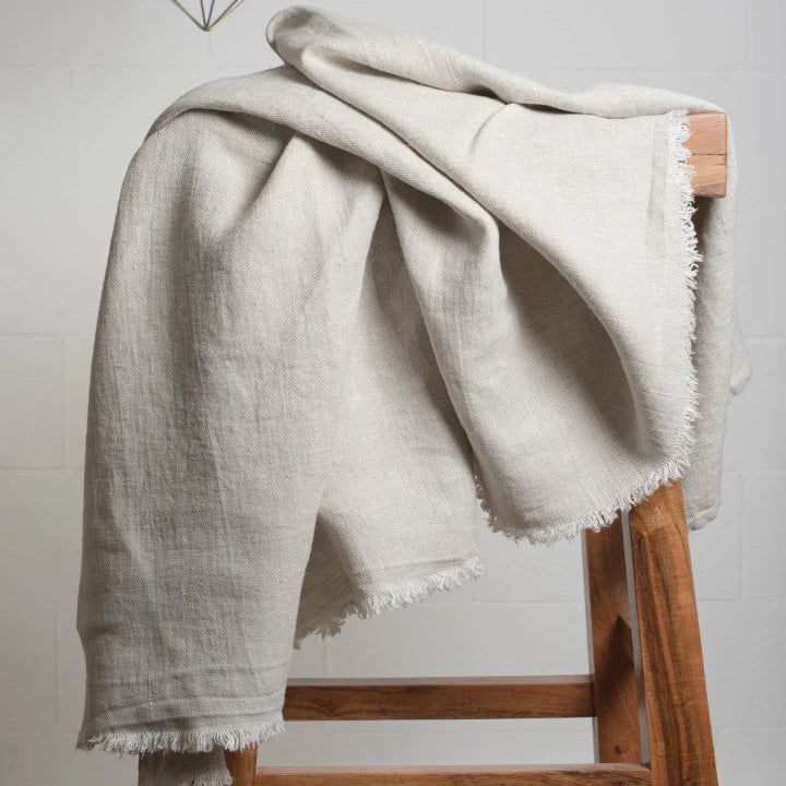 Beige Linen Throw Blanket with Fringe | Stone Washed European Flax Linen Throw (Lipari)