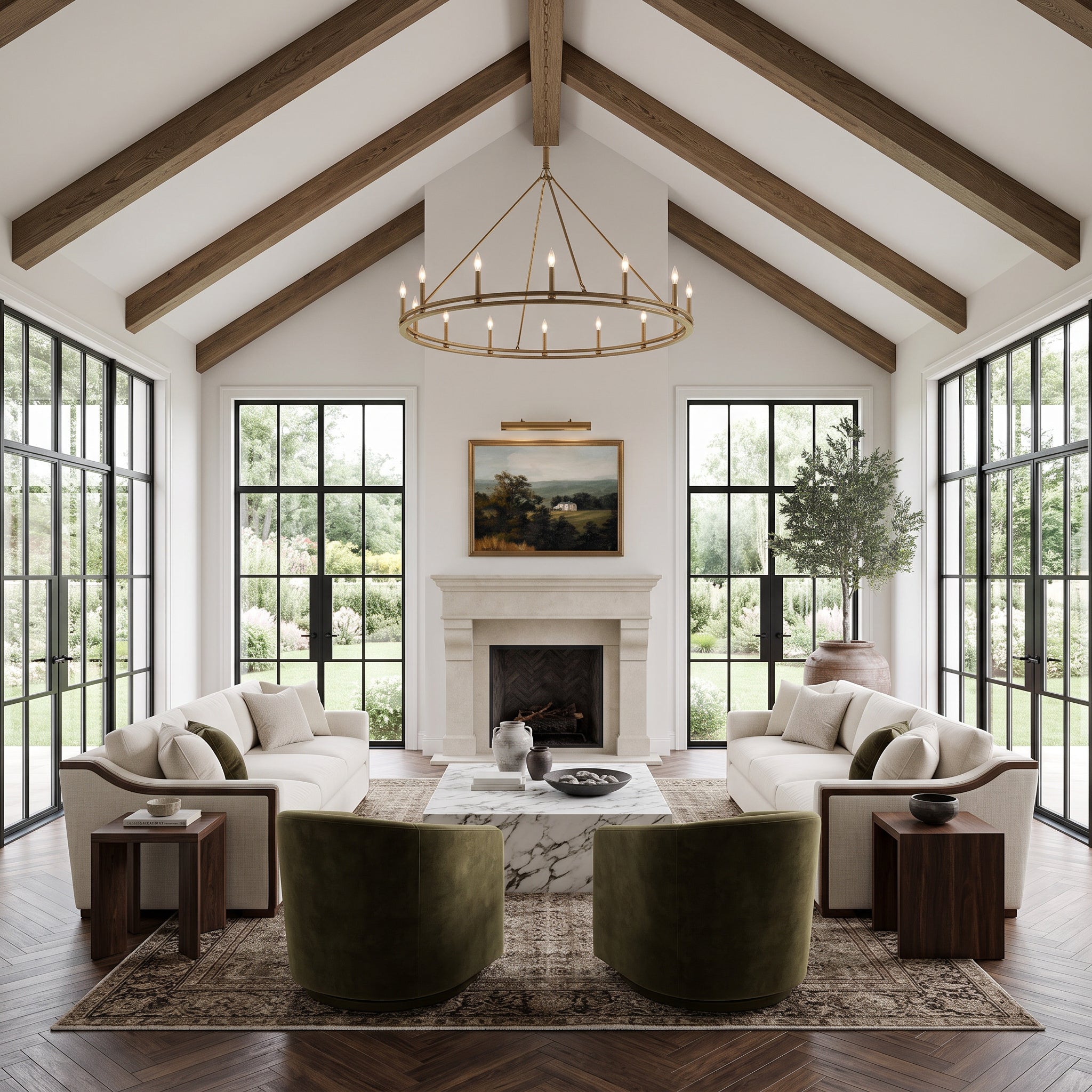A luxury staged living room featuring a high vaulted ceiling with exposed wooden beams, large black-framed windows, a white fireplace, two cream sofas, two green velvet armchairs, a marble coffee table, and a large area rug.