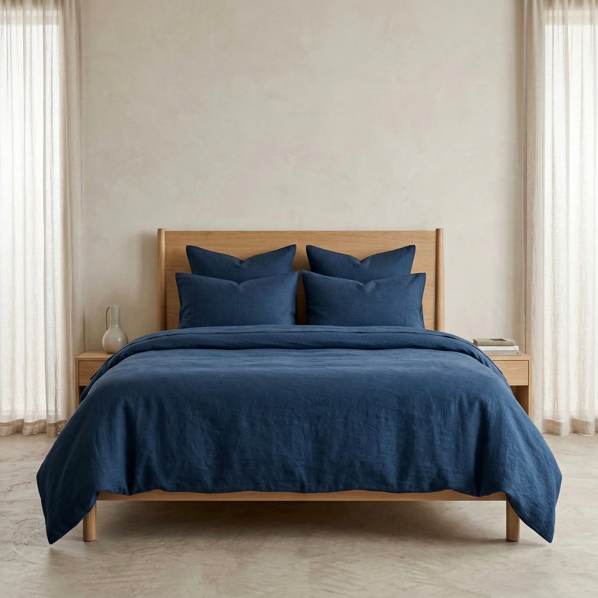 Bed with blue bedding and pillows in a room with neutral walls and curtains.