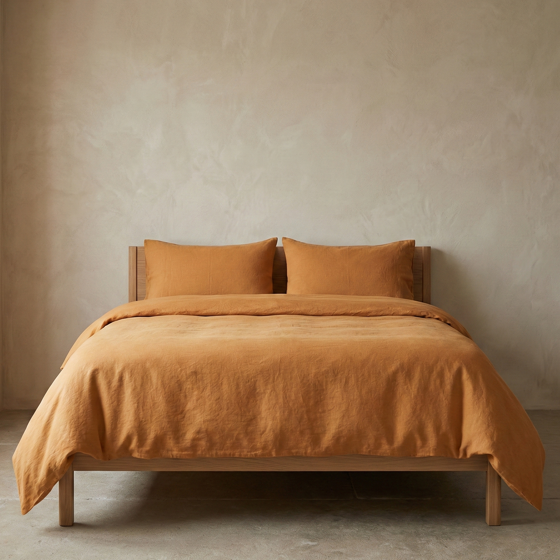 Bed with orange bedding against a beige wall