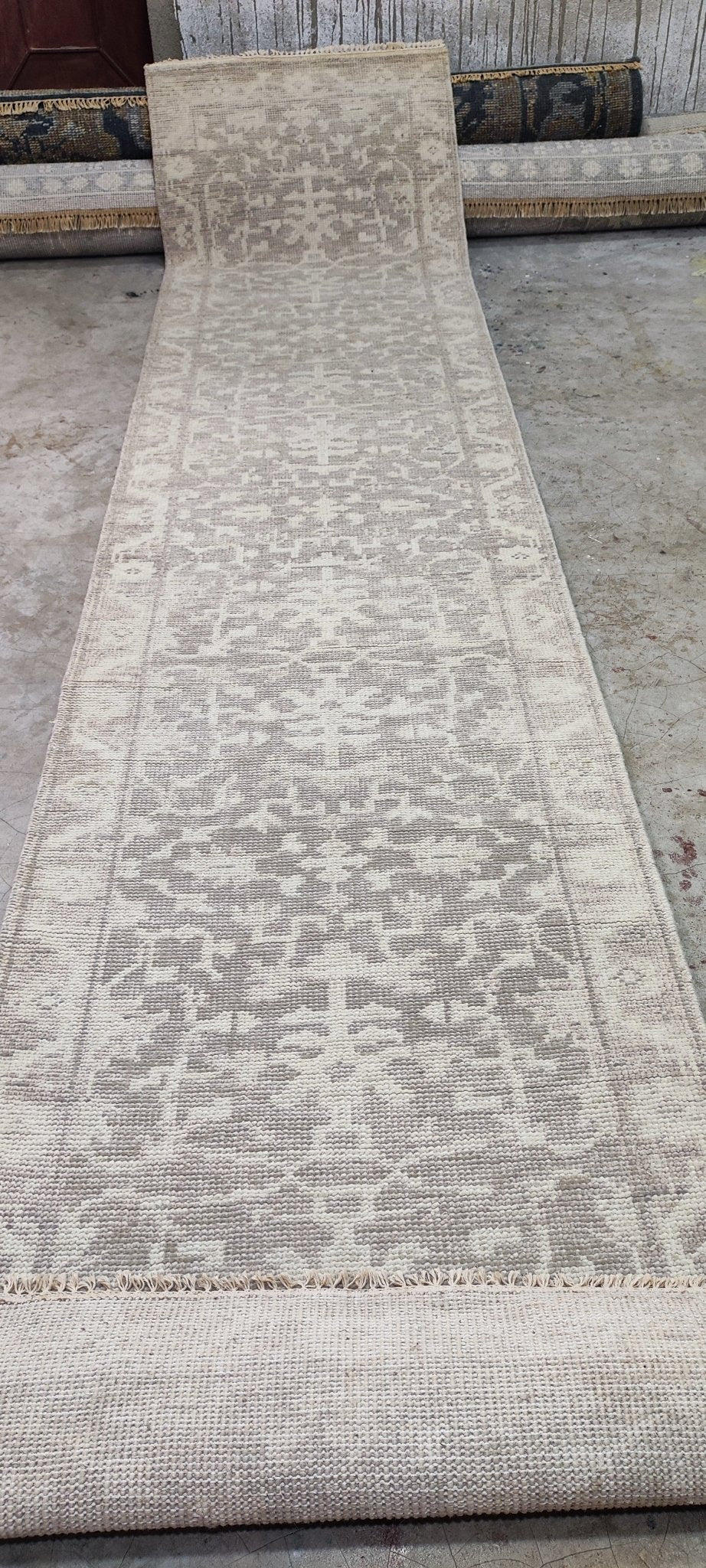 Nina Campbell 2.6x11.9 Silver and Grey Hand-Knotted Oushak Runner Rug
