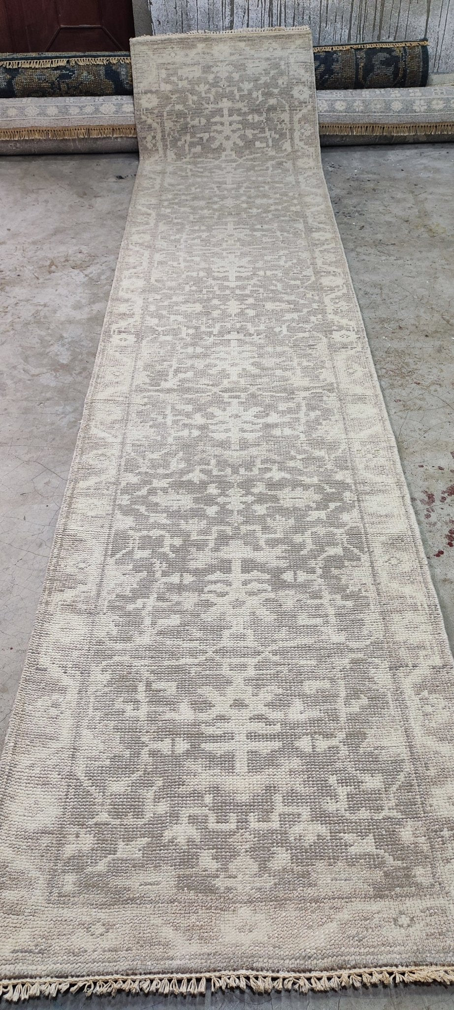 Nina Campbell 2.6x11.9 Silver and Grey Hand-Knotted Oushak Runner Rug