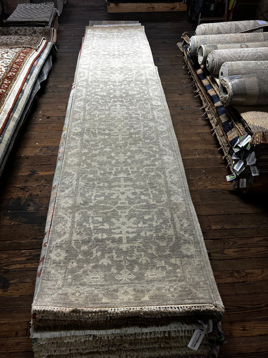 Nina Campbell 2.6x11.9 Silver and Grey Hand-Knotted Oushak Runner Rug