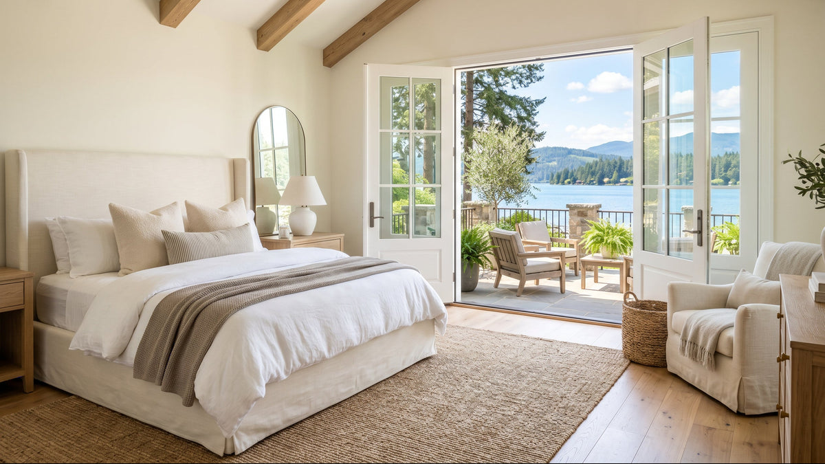 A bright, modern bedroom with a large bed dressed in white linens and a taupe throw, set in a warm neutral room with exposed wood ceiling beams. Large glass doors open to a balcony with a view of a lake and mountains, with a matching armchair and rug nearby.