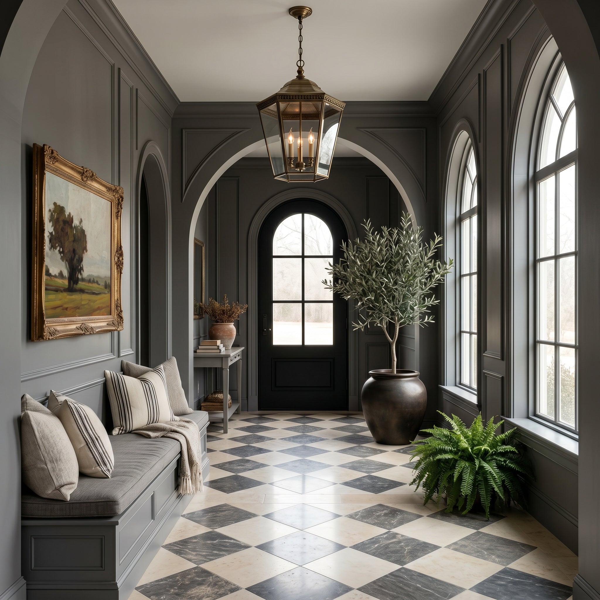 A grand, elegant entryway with dark gray paneled walls, a black and cream checkered tile floor, a built-in bench with cushions on the left, and a large potted olive tree in a dark ceramic pot on the right. A vintage-style brass lantern hangs from the ceiling.
