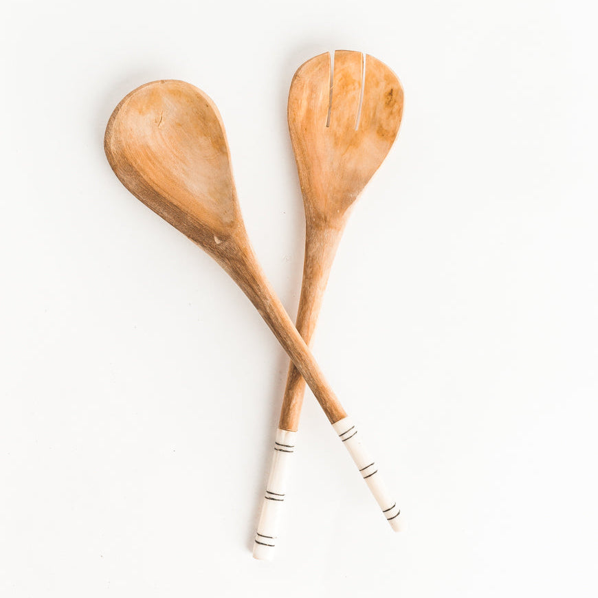 Olive Wood & Batik Bone Striped Salad Servers (Set of 2) – Hand-Carved Artisan Serving Utensils