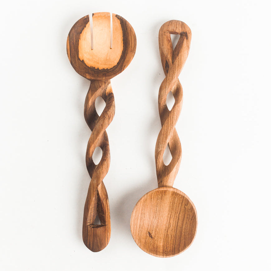 Hand-Carved Olive Wood Salad Servers (Set of 2) – Artisan Wooden Serving Utensils | Natural Kitchen & Tableware