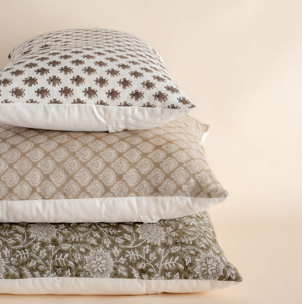 Cotton Block Print Lumbar Pillow Cover | Brown Floral