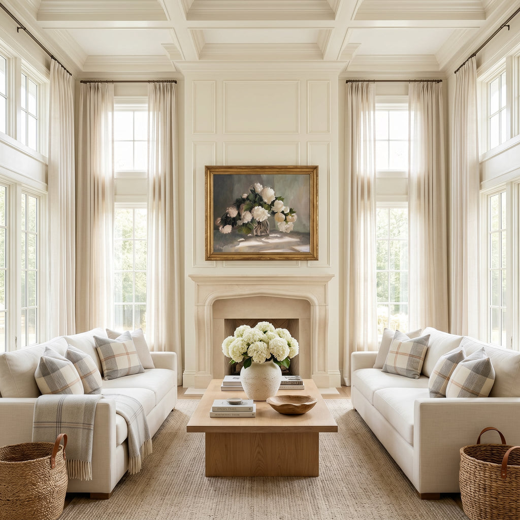 Living room with white sofas, a wooden coffee table, and decorative elements.