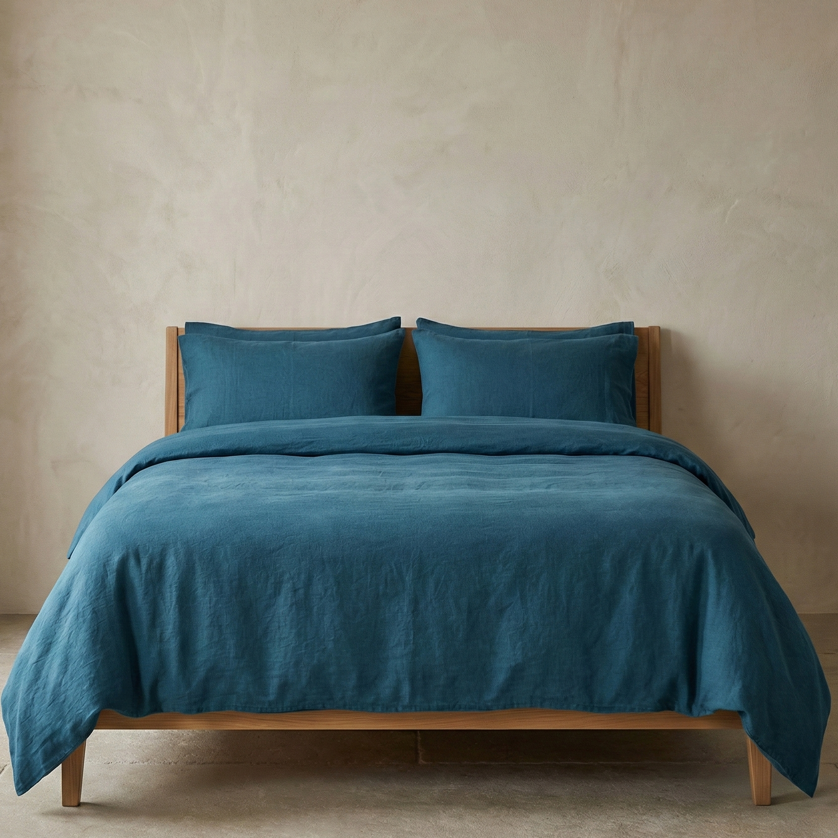 Teal bedding set on a wooden bed against a beige wall