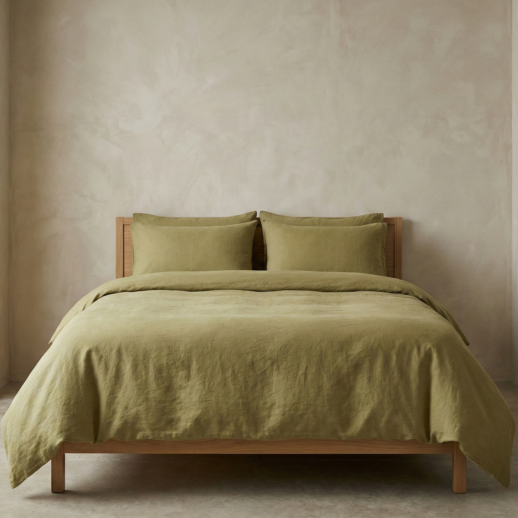 Green bedding set on a wooden bed against a beige wall