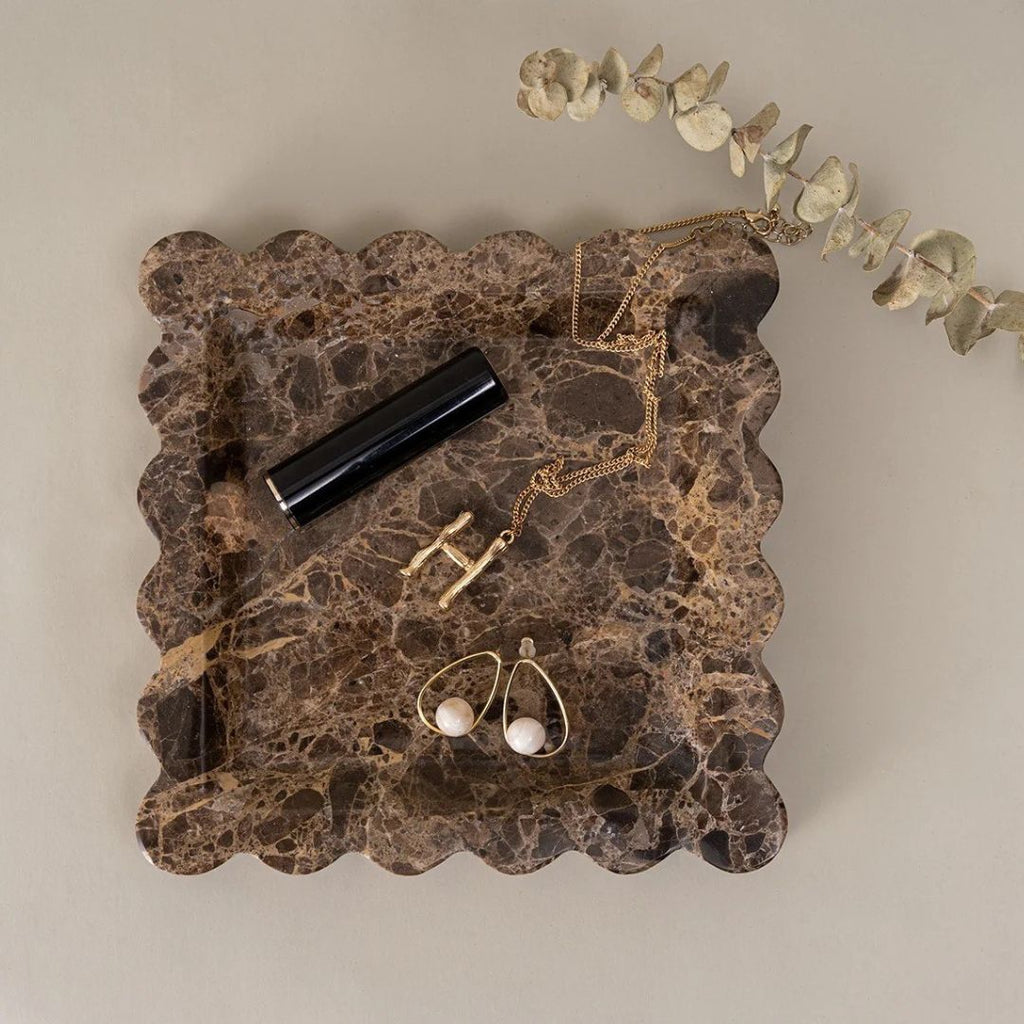 Penelope Scalloped Marble Tray in Café Marble