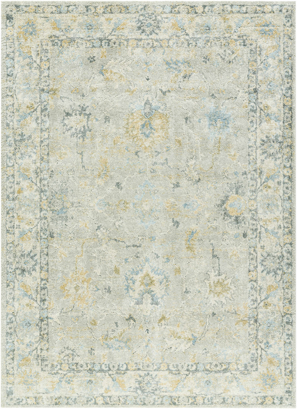 Decorative rug with floral pattern and border on a light background