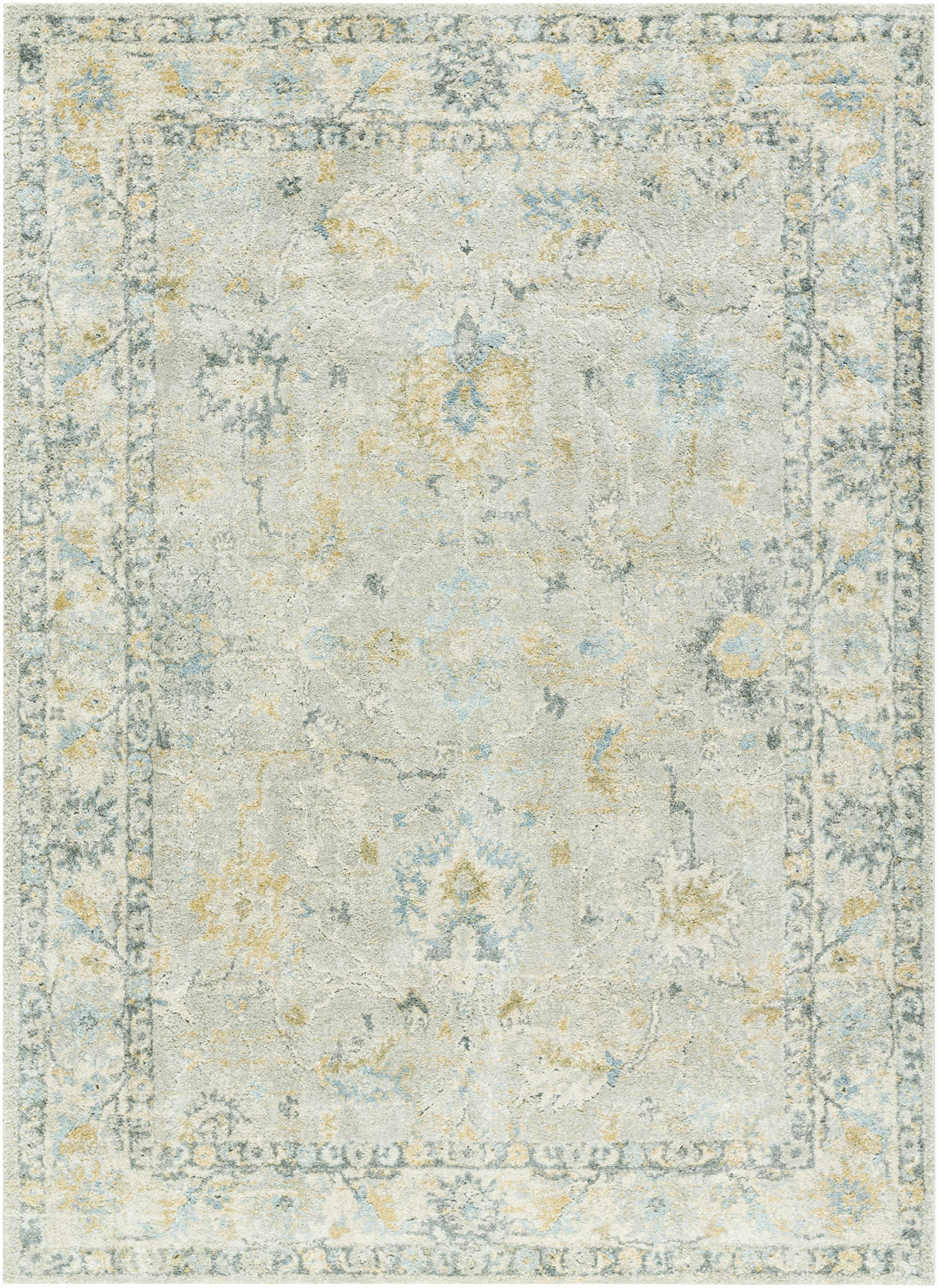 Decorative rug with floral pattern and border on a light background