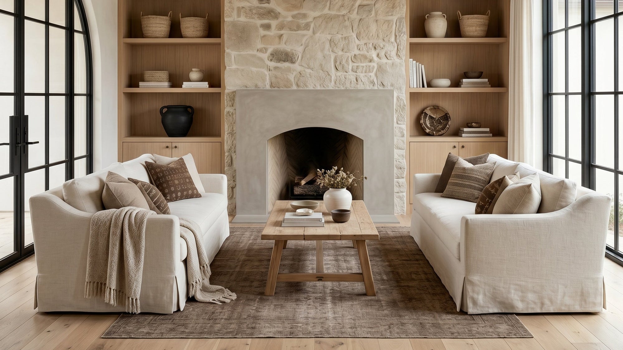 Cozy living room with stone fireplace, wooden beams, and large windows.