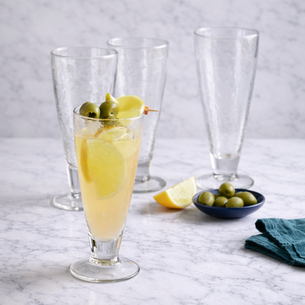 Ribbed glass drinkware styled with a fresh lemon beverage on a linen tablecloth in a European-inspired setting.