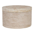 Round woven ottoman with a lid on a white background