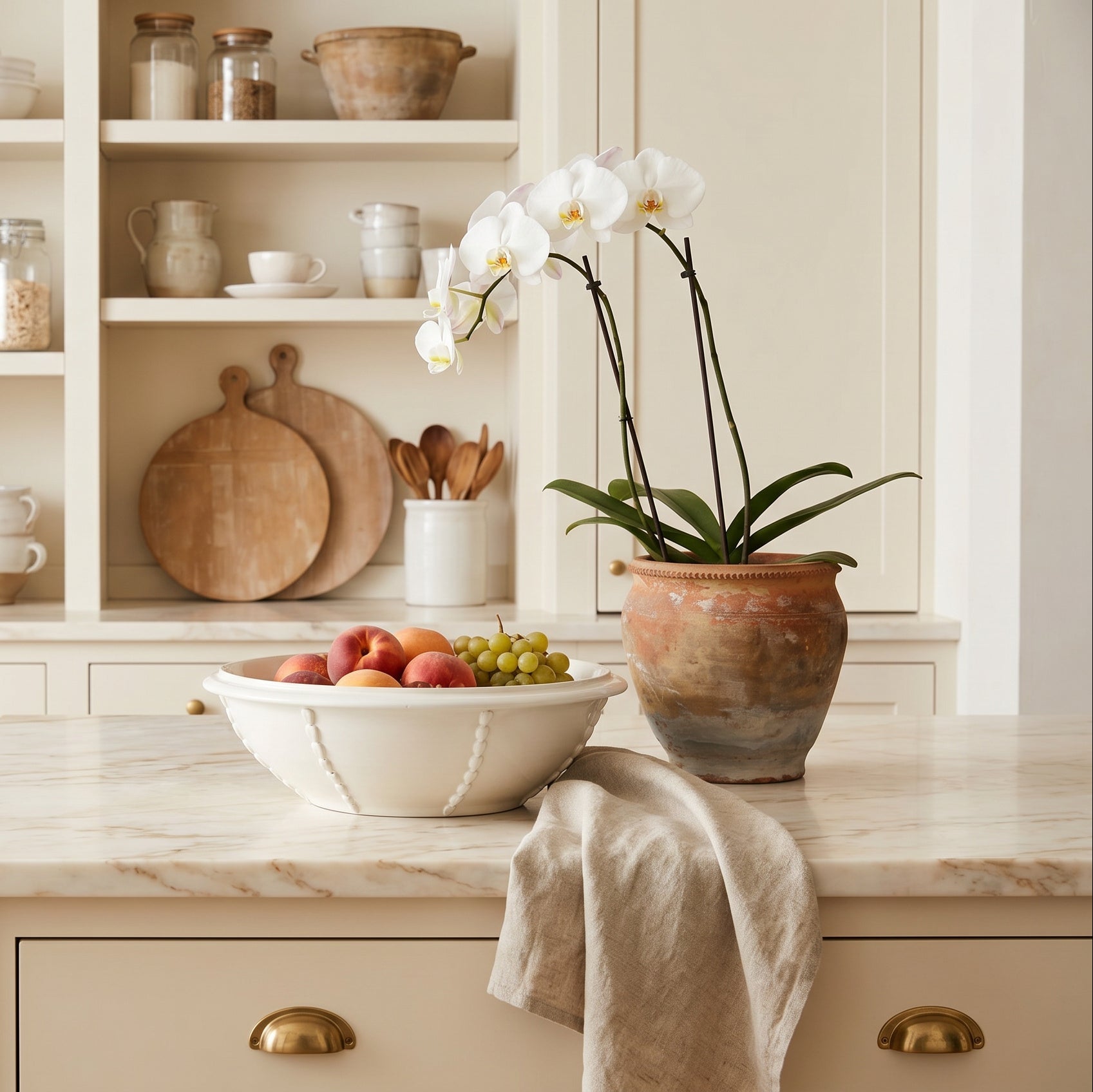 Kitchen with marble countertop, fruit bowl, and potted plant.