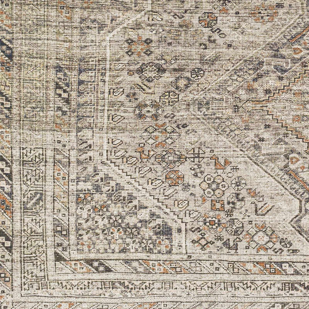 Patterned rug with intricate design in neutral colors