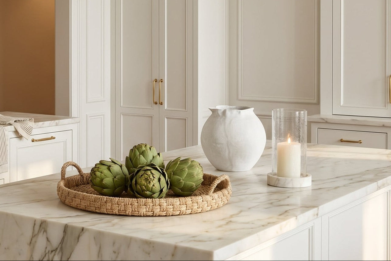 A styled kitchen interior with white cabinetry, marble countertops, brass pendant lights, a woven tray holding green artichokes, a white ceramic vase, and a lit candle in a glass holder.