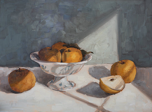 Golden pears fine art print featuring ripe pears arranged in a pedestal bowl and illuminated by soft natural sunlight. Warm golden tones, painterly brushstrokes, and classic still life composition create timeless wall art for kitchens, dining rooms, and European-inspired interiors.
