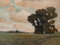 Painting of a landscape with trees and a cloudy sky