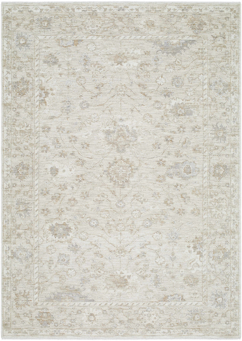 Patterned rug with a neutral color palette on a white background