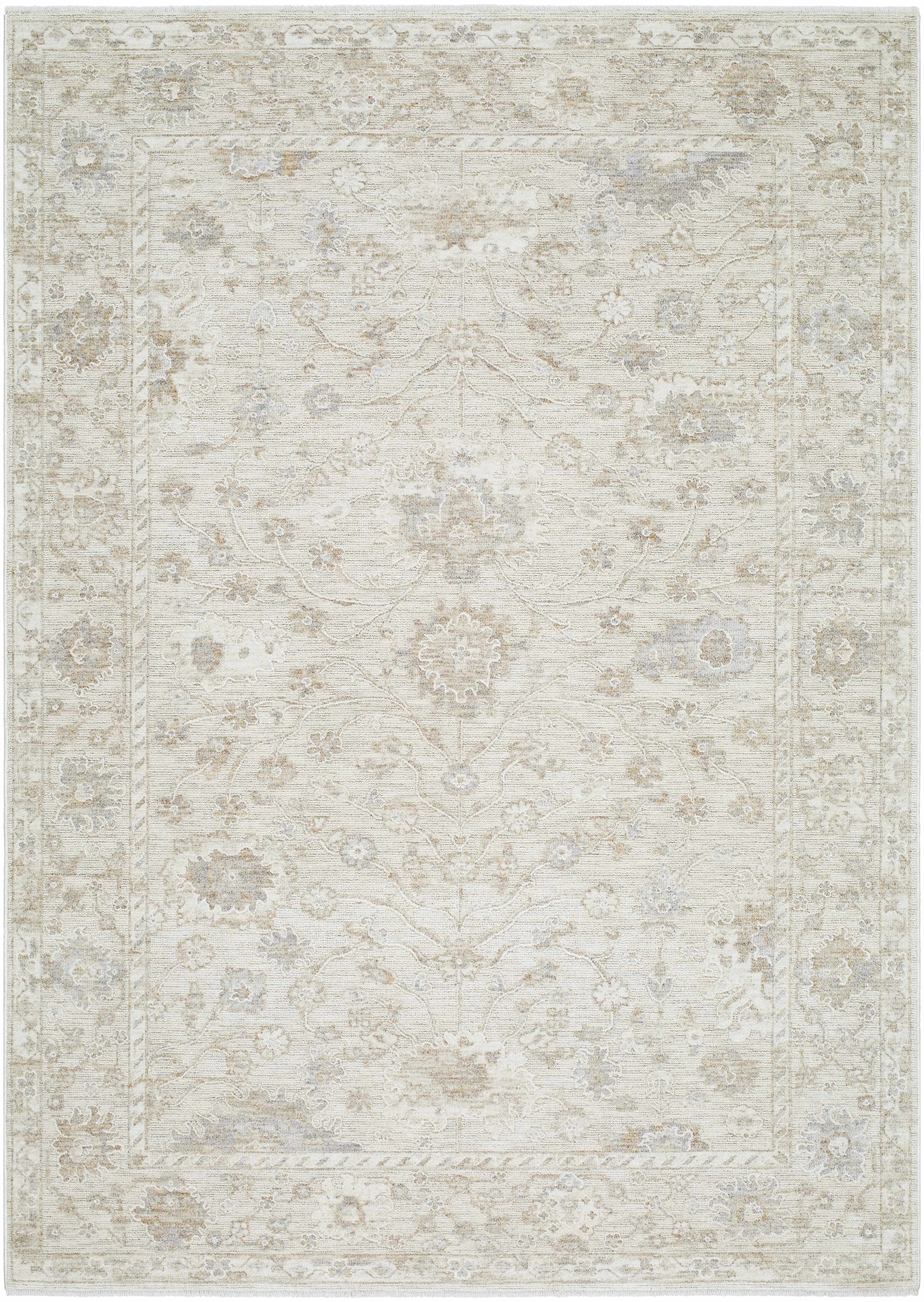 Patterned rug with a neutral color palette on a white background
