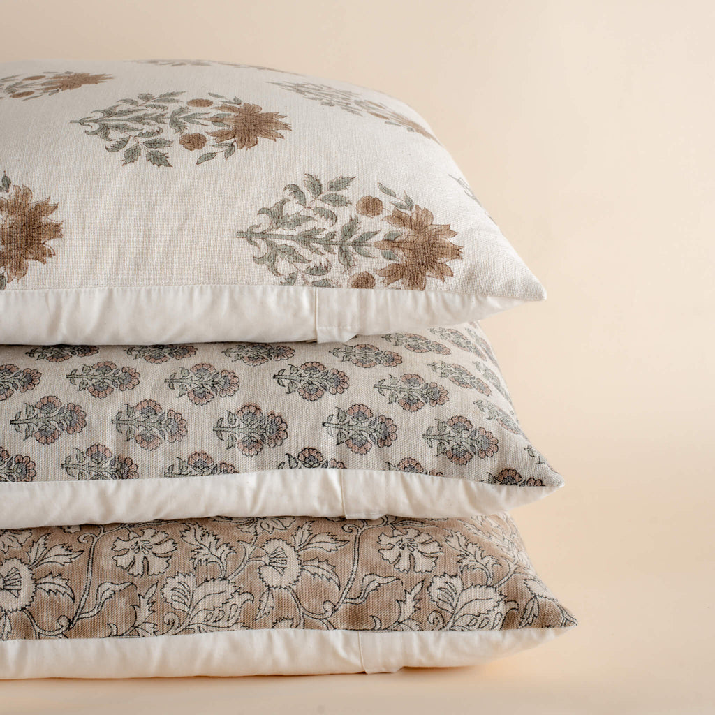 Linen Block Print Pillow Cover | Terracotta & Sage Floral