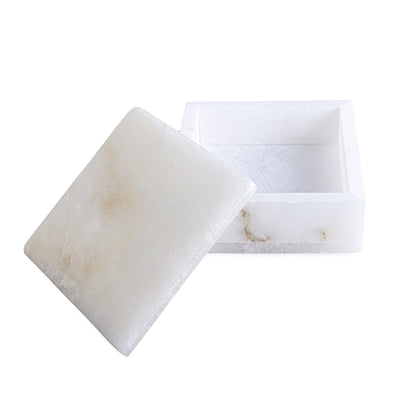 Handcrafted white marble lidded storage box featuring natural stone veining and a minimalist square silhouette. Elegant decorative storage for jewelry, keepsakes, bathroom essentials, and coffee table styling